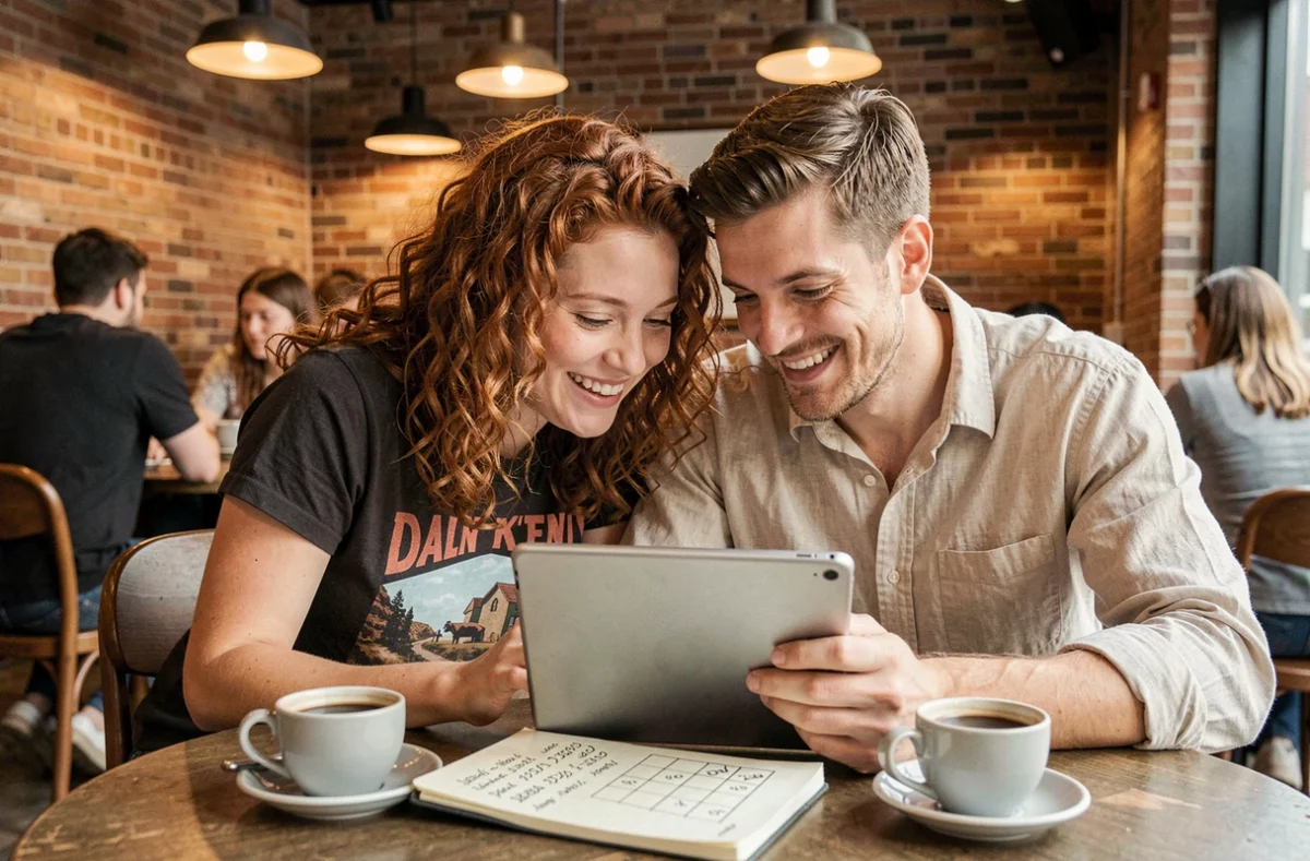 Deux joueurs adultes partageant des astuces sur une tablette dans un café, avec des notes manuscrites sur les portails Dofus et coordonnées de carte