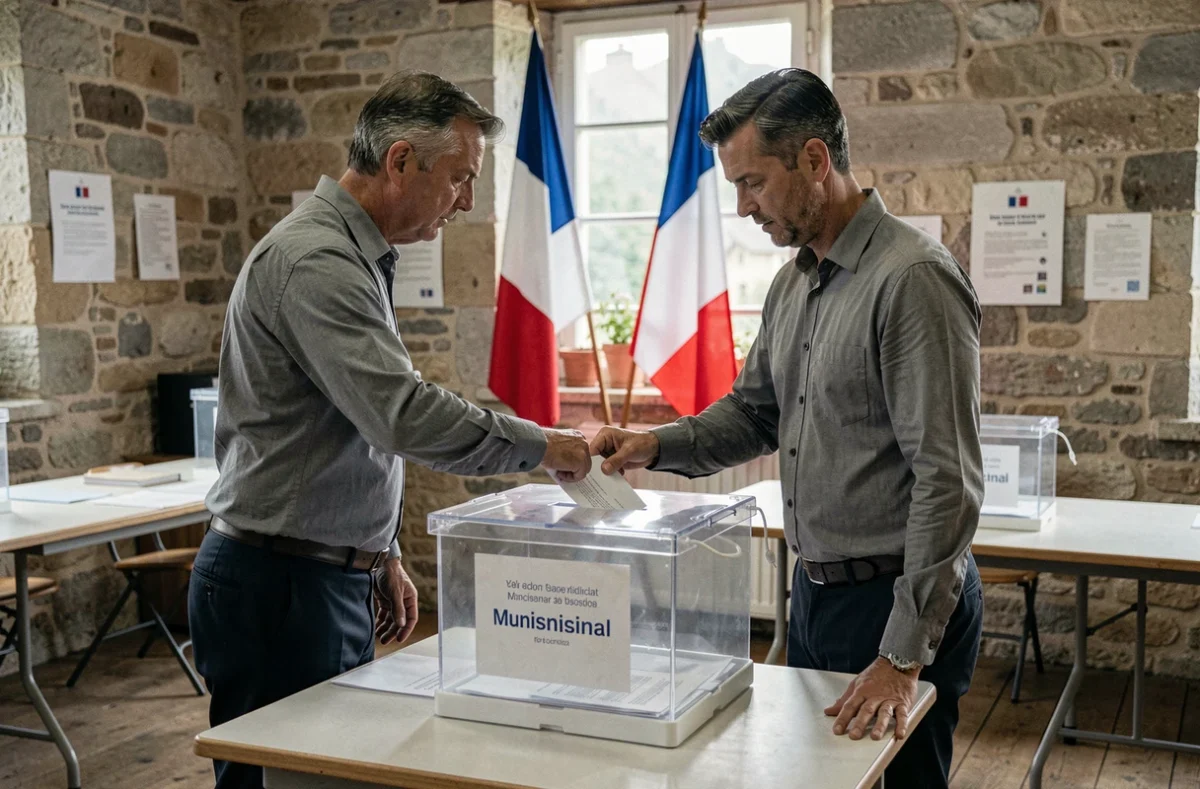 Électeur déposant son bulletin dans l'urne lors d'une élection municipale dans une mairie de village