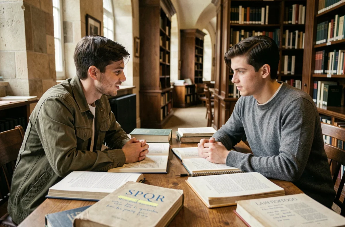 Deux étudiants en histoire ancienne discutant de la définition SPQR autour de manuels latins dans une bibliothèque universitaire