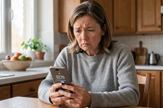 Femme d'une cinquantaine d'années regardant son smartphone avec une expression inquiète face à un numéro inconnu commençant par 0270