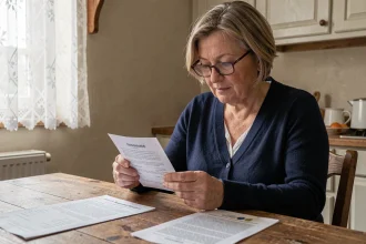 Femme examinant un bulletin de vote municipal dans une maison rurale française