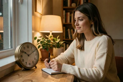 Jeune femme contemplant une horloge affichant 23h23 dans une chambre cosy, symbolisant l'attente de l'amour et la spiritualité des heures miroirs