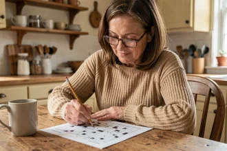Femme concentrée qui remplit une grille de mots croisés avec un crayon à une table en bois
