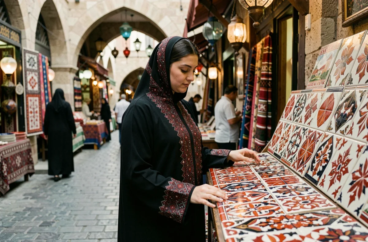 Femme en abaya brodée contemplant des carreaux de céramique aux motifs rouge blanc noir dans un souk traditionnel, reflet de la culture et de l'identité arabe