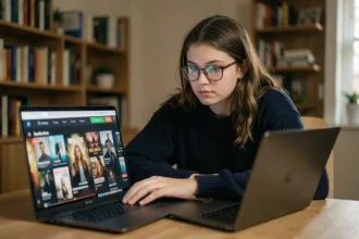 Jeune femme naviguant sur un site de streaming de séries depuis son bureau à domicile
