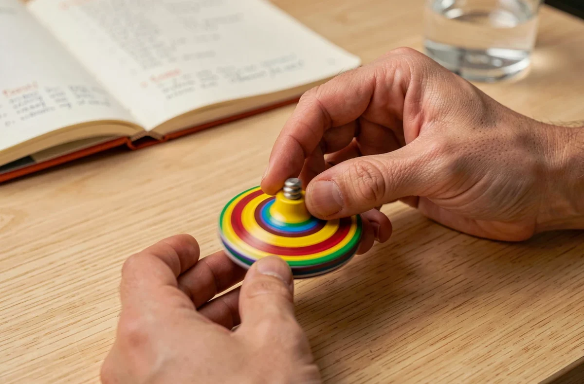 Gros plan de mains adultes faisant tourner une toupie colorée sur un bureau en bois pendant une pause pour réduire le stress