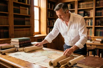 Historien consultant une carte ancienne du monde arabe dans une bibliothèque universitaire, illustrant l'histoire du panarabisme et de ses symboles