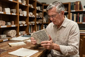 Historien examinant un fragment de pierre gravé SPQR dans un département d'archéologie universitaire