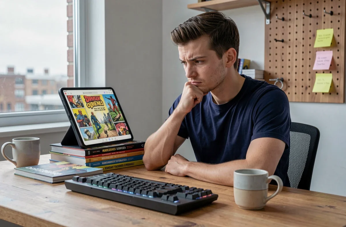 Homme adulte consultant un site de lecture de webtoons en VF sur tablette à son bureau