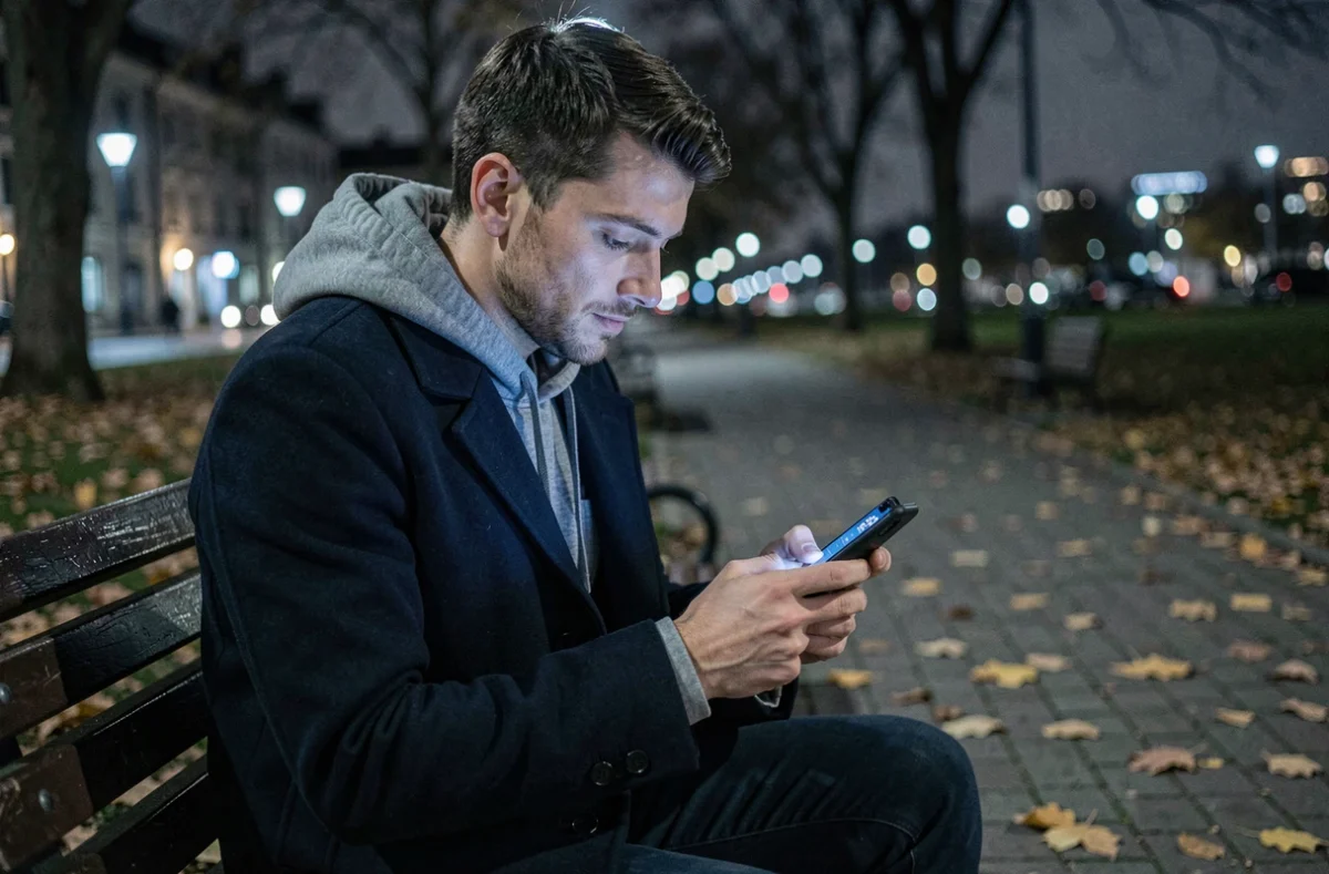 Homme seul dans un parc la nuit regardant son téléphone afficher 23h23, heure miroir associée aux messages de l'univers et à l'amour