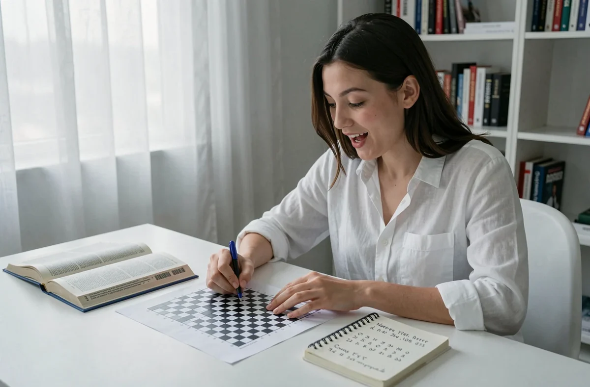 Jeune femme consultant un dictionnaire pour résoudre une grille de mots croisés sur son bureau