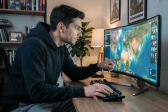 Joueur de Dofus concentré devant un écran ultrawide affichant une carte de jeu fantasy avec des portails colorés, dans un bureau gaming cosy