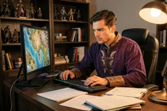 Joueur adulte concentré devant un écran affichant une carte RPG fantastique, entouré de notes de stratégie pour la quête Pourpre Dofus