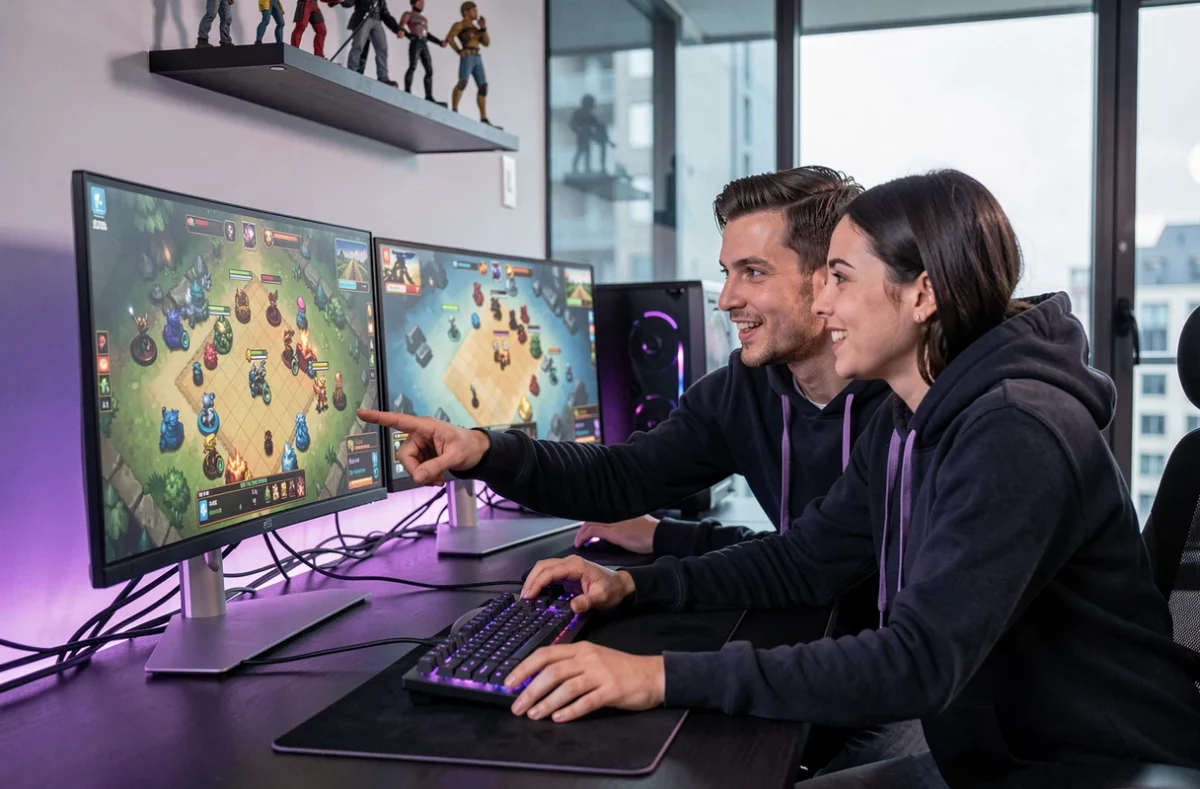 Deux joueurs adultes collaborant devant des écrans affichant une grille de combat RPG pour planifier leur stratégie de placement dans la quête Pourpre Dofus