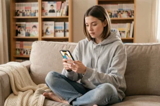 Jeune femme lisant un webtoon en VF sur smartphone confortablement installée dans son salon