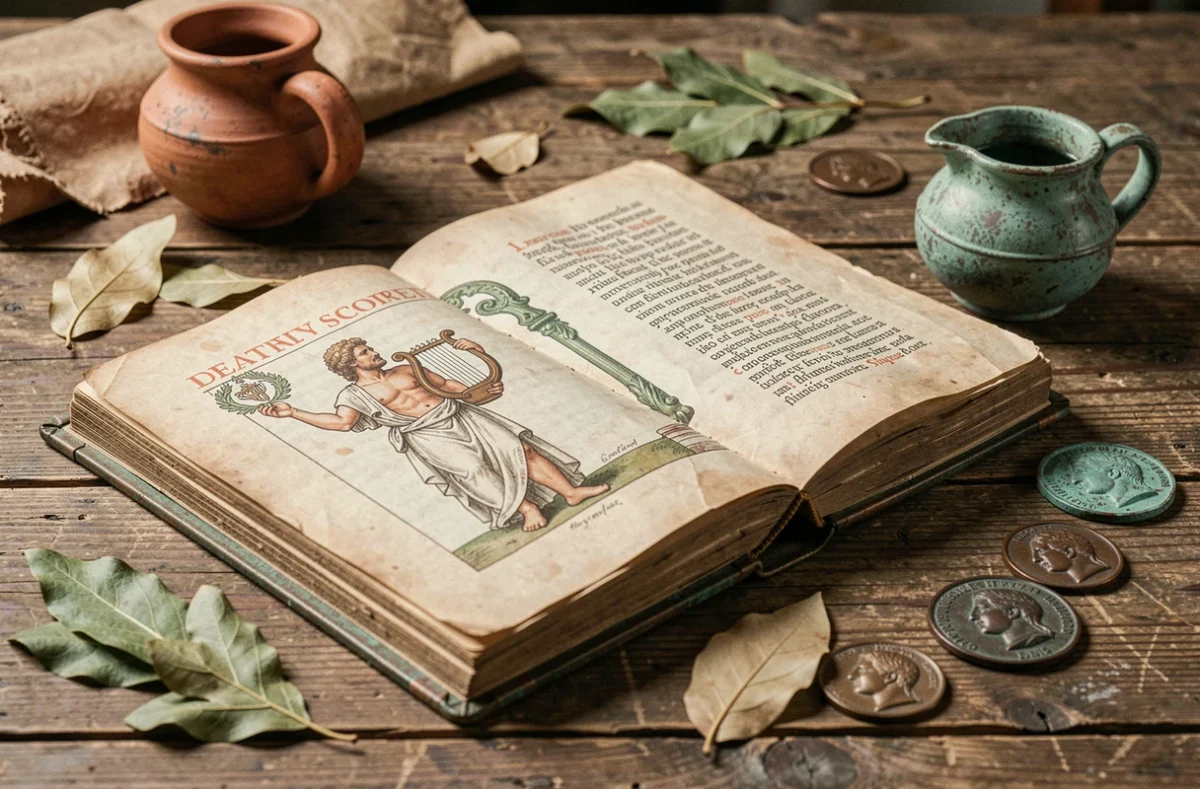 Manuscrit romain ancien ouvert illustrant Apollon avec une lyre, entouré de pièces en bronze et d'artefacts archéologiques
