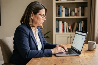 Femme consultant et mettant à jour ses coordonnées sur le site France Travail depuis son bureau à domicile