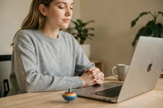 Jeune femme faisant une pause concentration à son bureau avec une toupie colorée posée près de son ordinateur portable