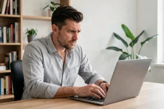 Un homme en chemise grise résolvant un problème de connexion à son espace membre sur un ordinateur portable dans un bureau à domicile