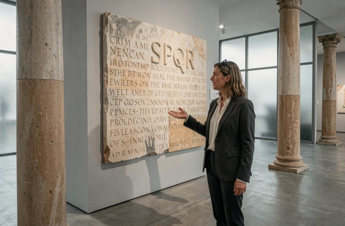 Professeure de lettres classiques devant une reproduction d'inscription romaine SPQR dans une salle de musée