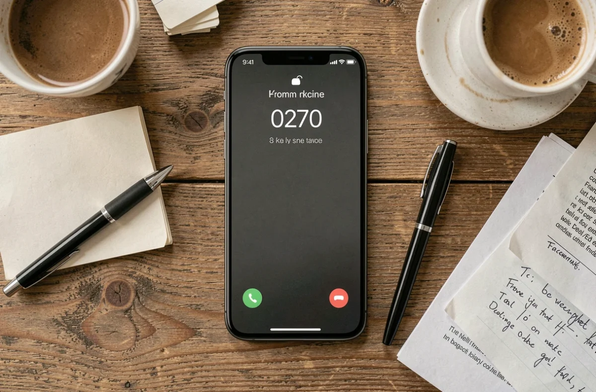 Vue en plongée d'un smartphone posé sur un bureau affichant un appel entrant d'un numéro inconnu 0270 avec un carnet et un café