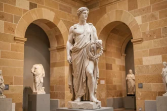 Statue en marbre d'Apollon dans un musée d'antiquités romaines, représentant le dieu des arts avec une couronne de laurier