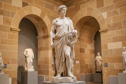 Statue en marbre d'Apollon dans un musée d'antiquités romaines, représentant le dieu des arts avec une couronne de laurier