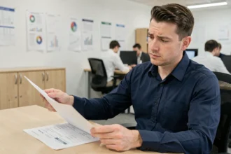 Technicien en bureau consultant une grille indiciaire imprimée avec attention