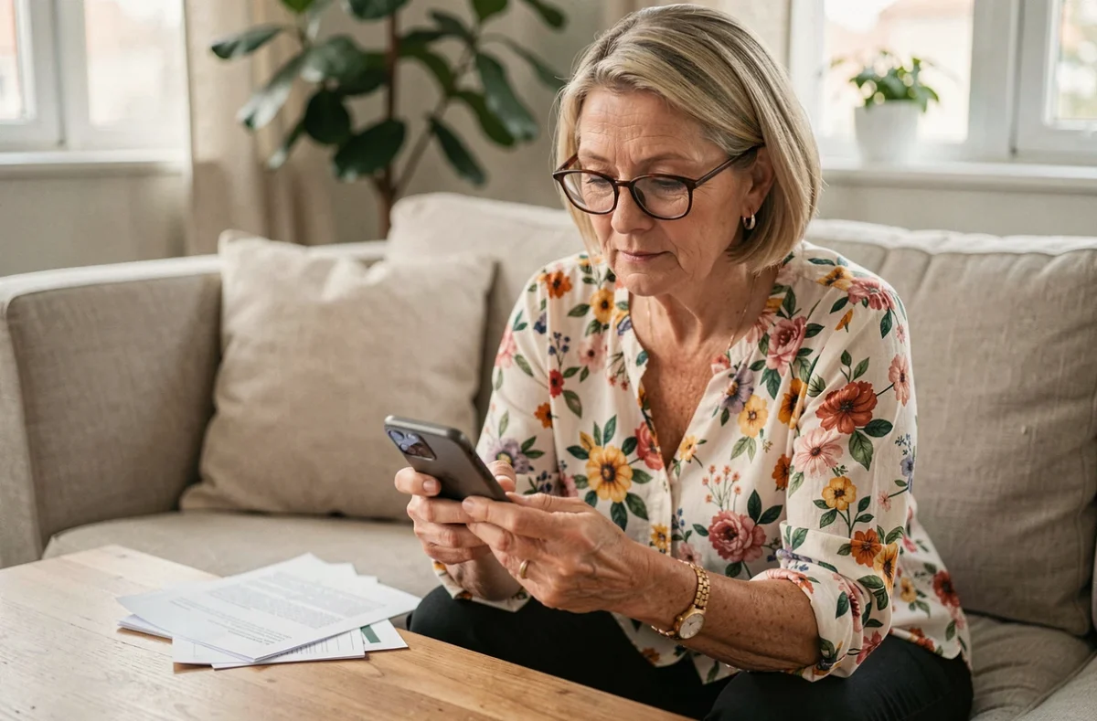 Femme senior vérifiant et modifiant son adresse sur l'application mobile France Travail depuis son salon