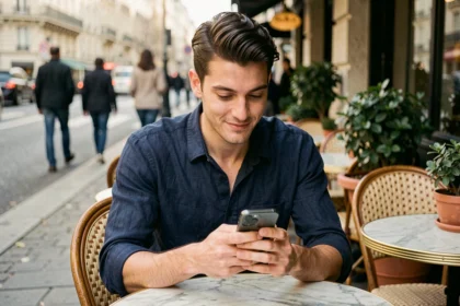 Jeune homme souriant regardant son téléphone dans un café parisien, illustrant la curiosité des internautes pour la vie amoureuse de personnalités publiques