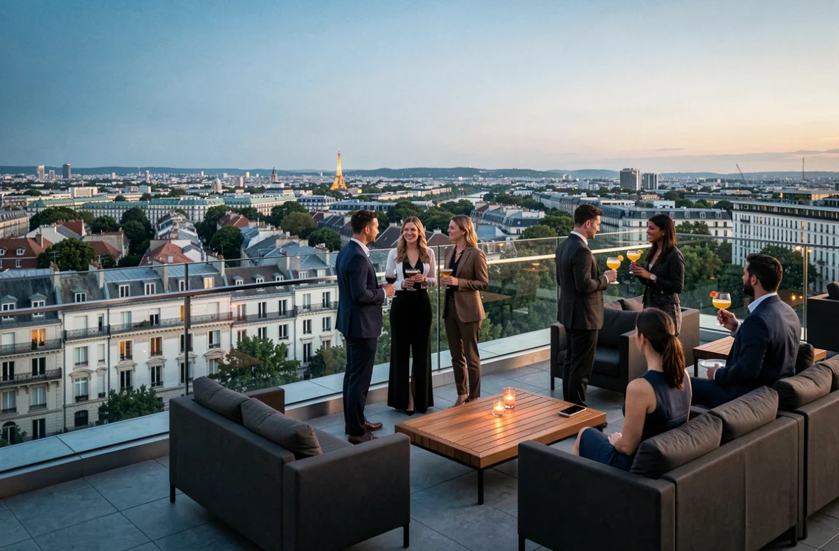 Le bar rooftop panoramique 114 Up On The Roof Bar dans les Hauts-de-Seine avec vue sur les toits parisiens au crépuscule