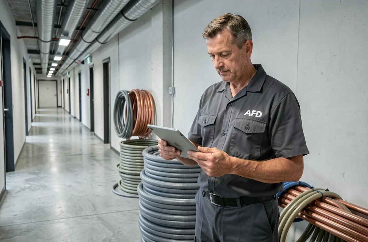 Technicien AFD Groupe consultant des plans d'installation sur tablette dans un couloir de bâtiment commercial à Nancy