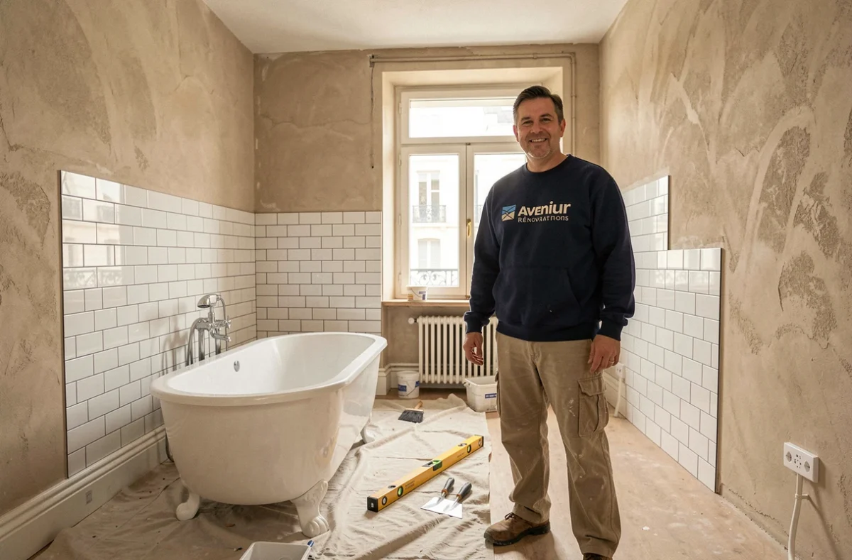 Artisan d'Avenir Rénovations 54 Nancy supervisant un chantier de rénovation complète de salle de bain dans un appartement classique