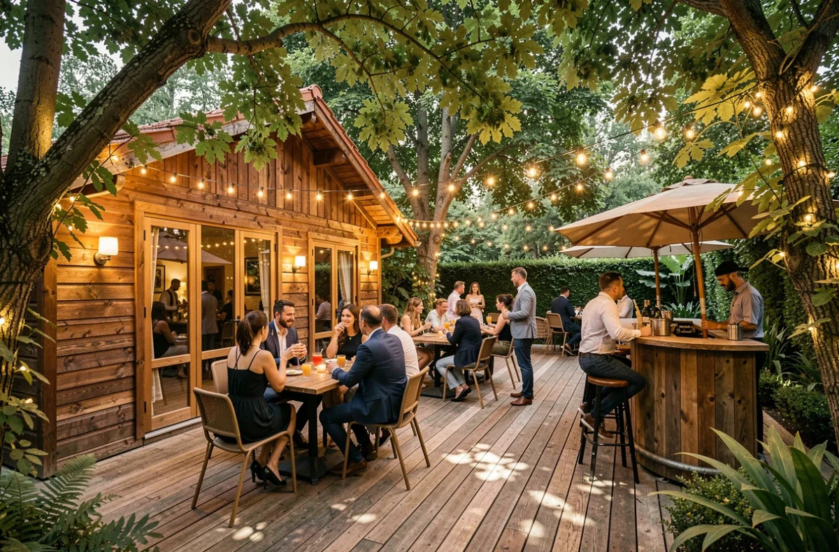 Le Chalet de l'Oasis avec son décor de chalet en bois entouré d'arbres et de guirlandes lumineuses dans les Hauts-de-Seine
