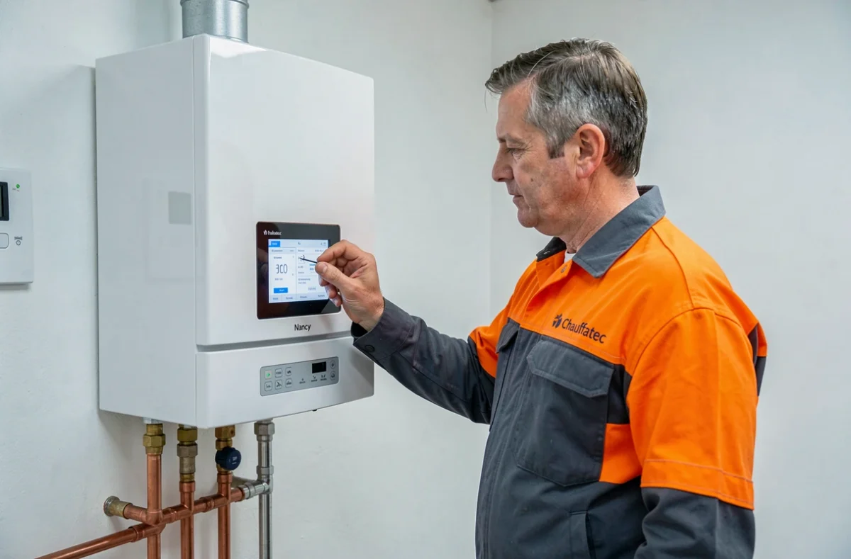 Ingénieur Chauffatec calibrant une chaudière à condensation haute performance dans la chaufferie d'un immeuble résidentiel à Nancy