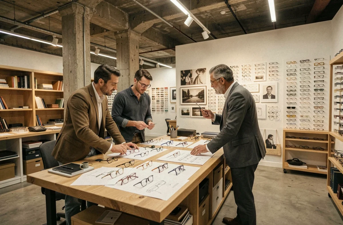 Trois opticiens du Collectif des Lunetiers – La Lunette Marseillaise discutant de designs de montures autour d'une table de travail dans un atelier collaboratif contemporain