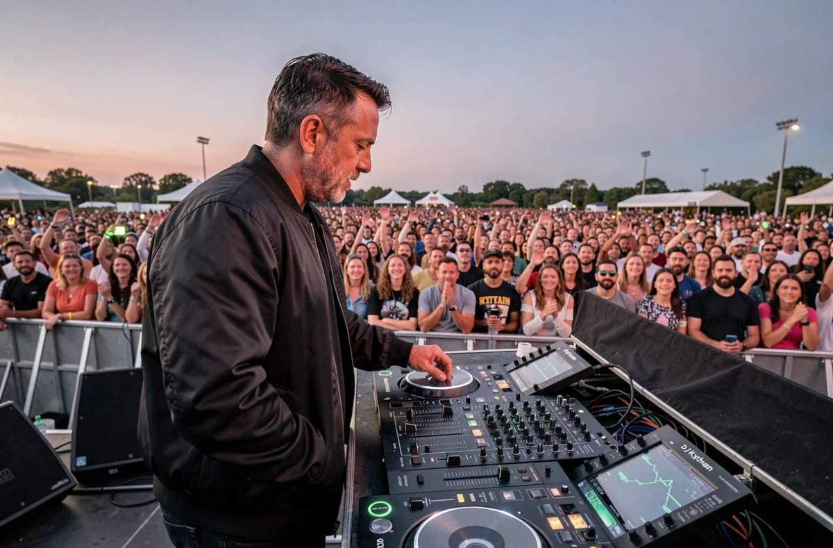 Un DJ professionnel de DJ Kythan Events derrière ses platines lors d'un grand événement en plein air dans les Hauts-de-Seine