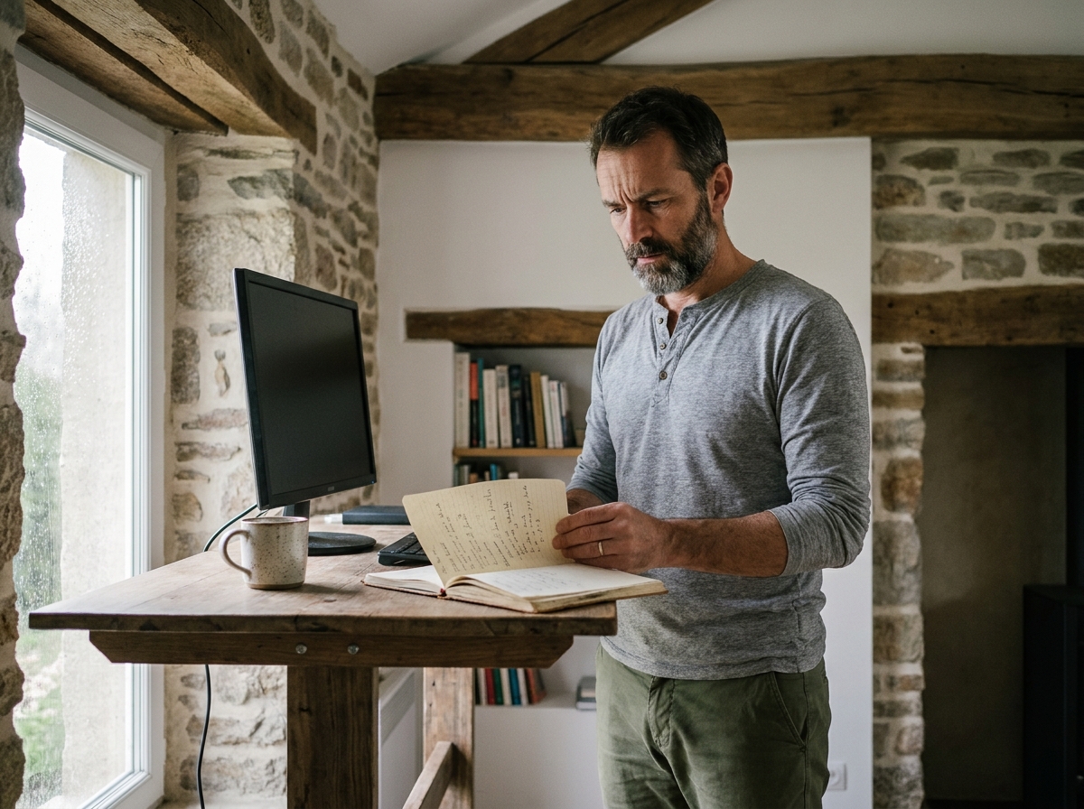 Entrepreneur debout à son bureau dans un espace de coworking aménagé dans une longère bretonne