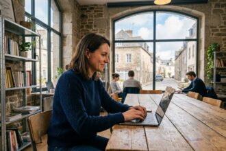 Femme travaillant dans un espace de coworking en Bretagne avec des murs en pierre apparente