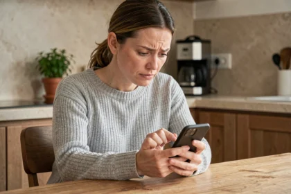 Femme cherchant un numéro de service client Sosh sur son smartphone dans une cuisine moderne
