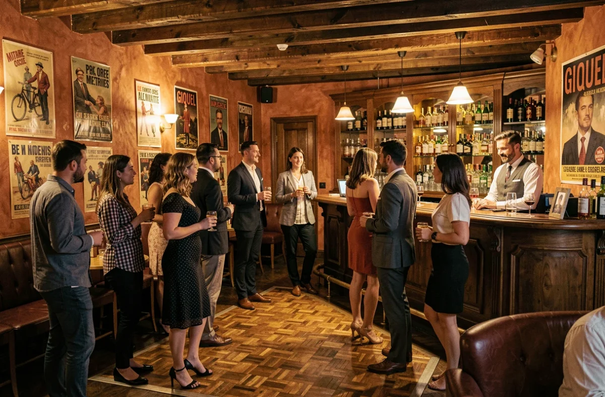 L'ambiance chaleureuse et vintage du club Giquel dans les Hauts-de-Seine avec son bar en bois et sa piste de danse parquet