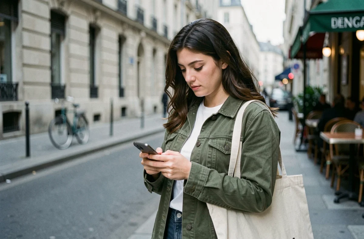Jeune femme dans la rue consultant son téléphone pour contacter le support client Sosh et demander un rappel