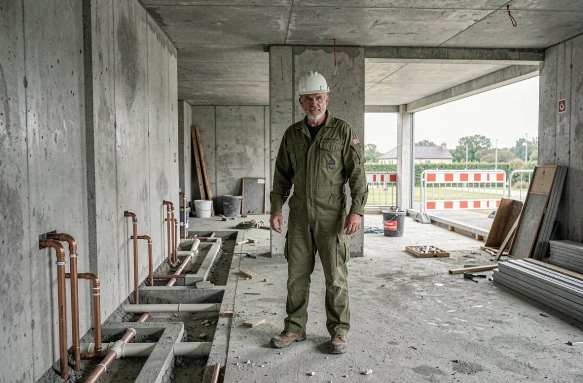 Chef de chantier de l'Entreprise Generale Batiment Krasniqi coordonnant des travaux de plomberie sur un chantier de construction résidentielle à Nancy