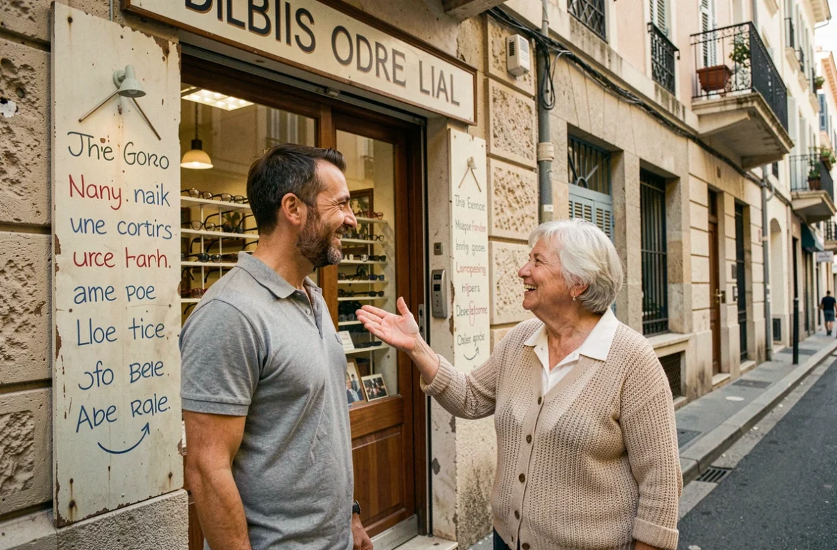Opticien de proximité du Lunetier Marseillais accueillant chaleureusement une cliente âgée devant sa petite boutique indépendante dans une rue résidentielle de Marseille