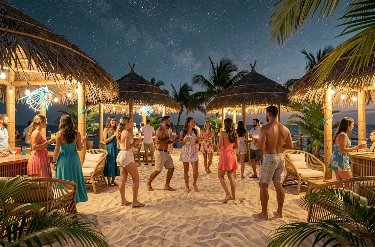 Le décor tropical en paillotes de la boîte de nuit Les Paillottes dans les Hauts-de-Seine avec sa piste de danse en plein air et son ambiance estivale