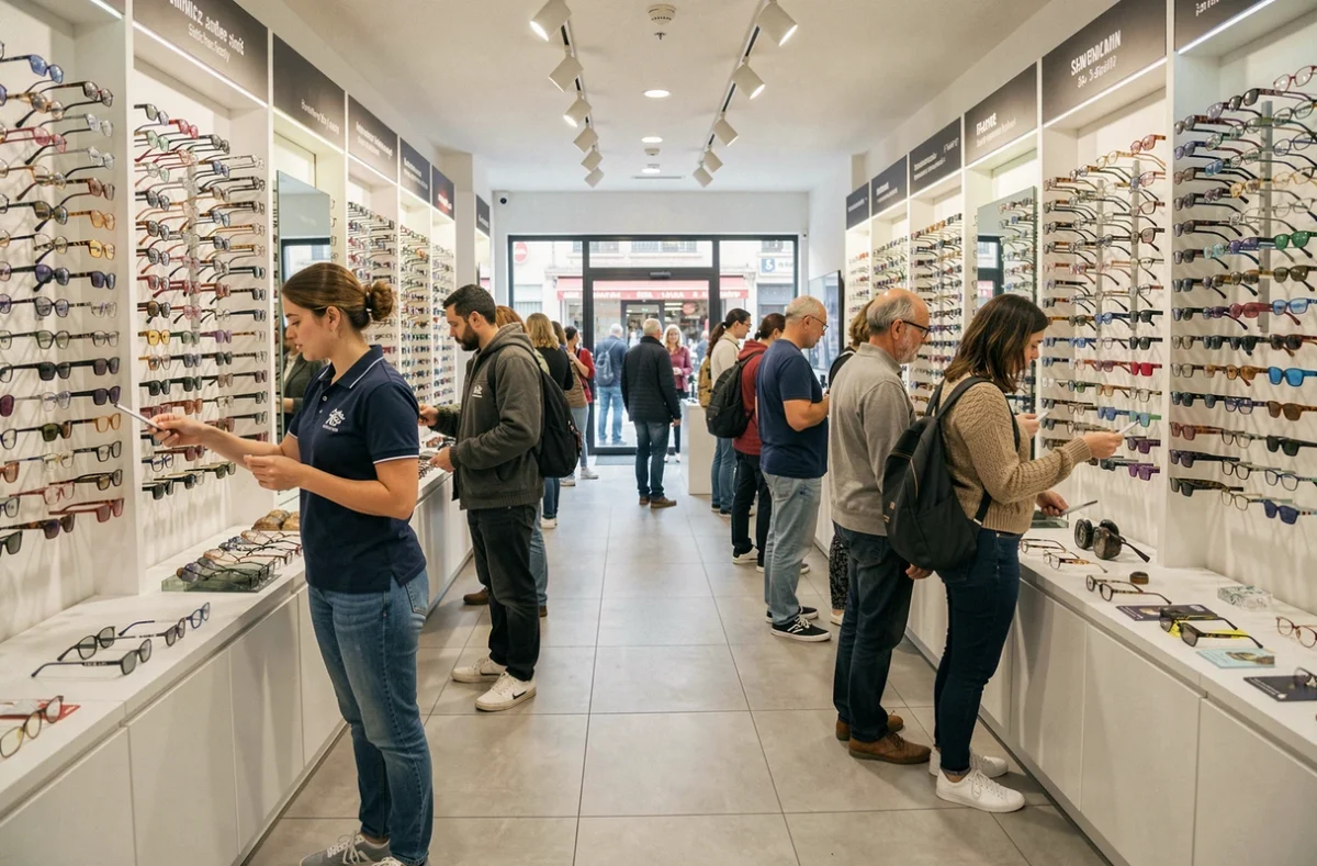 Employée de Lunettes Pour Tous Canebière aidant des clients à choisir des lunettes abordables dans un espace optique accessible et animé sur la Canebière à Marseille