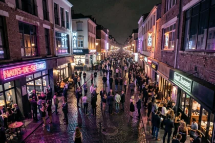Vue nocturne animée d'une rue de boîte de nuit dans les Hauts-de-Seine avec des foules élégantes et des reflets de néons sur le pavé mouillé