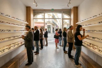 Intérieur d'une boutique d'opticien moderne à Marseille avec des rangées de montures exposées et des clients qui essaient des lunettes