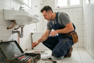 Plombier professionnel à Nancy inspectant des canalisations sous un évier dans un appartement de style lorrain