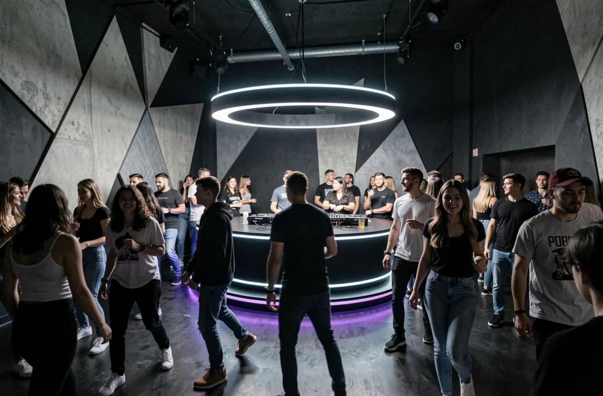 Intérieur minimaliste et moderne du club Nodd dans les Hauts-de-Seine avec son booth DJ circulaire et ses panneaux en béton géométrique